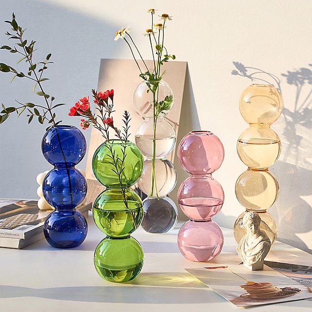  kreatív színes üveggolyós váza átlátszó buborék gömb alakú hidroponikus váza nappali virágkötészeti dekorációs tartály beltéri lakberendezéshez és étkezőasztal dekorációhoz 1db