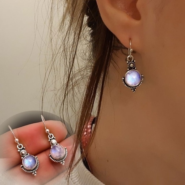  moonstone retro earrings    fashion thai silver colorful gemstone ear hook ear jewelry