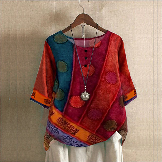 Women's Plus Size Linen Shirt Boho T-shirt T Shirt Streetwear Casual Color Block Striped Print Half Sleeve Regular Tops Crew Neck Daily Sports Weekend Red Blue Purple Summer Spring 12