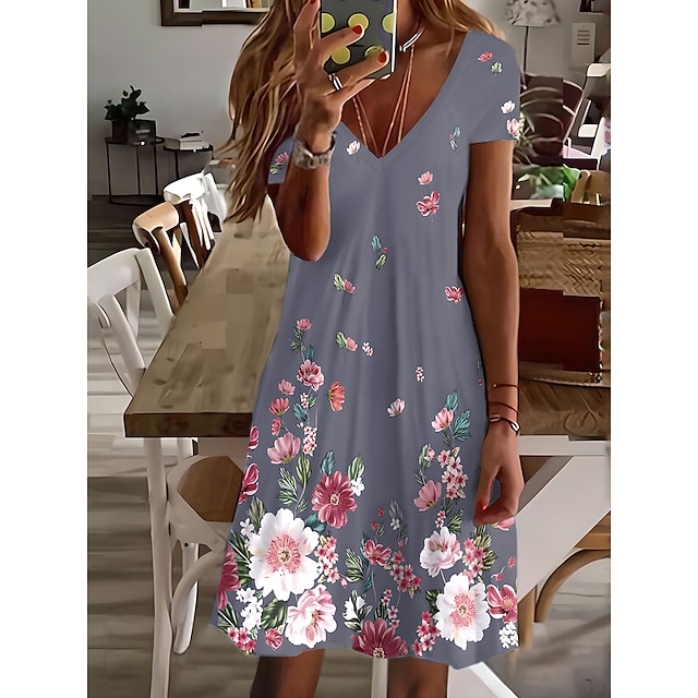  Women's Floral Print V Neck Mini Dress Daily Date Short Sleeve Summer Spring