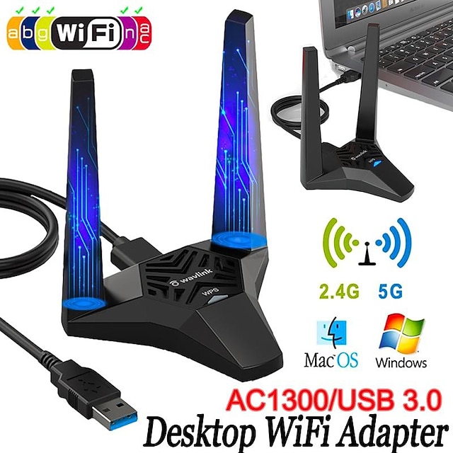  Adaptateur wifi ac1300 usb3.0 pour ordinateur portable de bureau, carte réseau usb double bande pour pc, dongle wifi usb haute vitesse avec station d'accueil magnétique, amplificateur de signal wifi