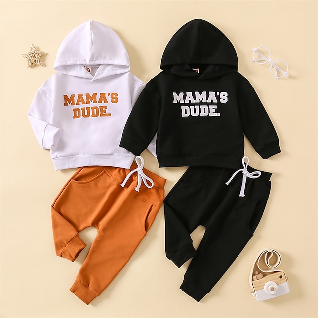  2 Pieces Toddler Boys Hoodie & Sweatpants Set Outfit Letter Long Sleeve Pocket Cotton Set Outdoor Active Sports Fashion Spring Fall 3-7 Years Black White