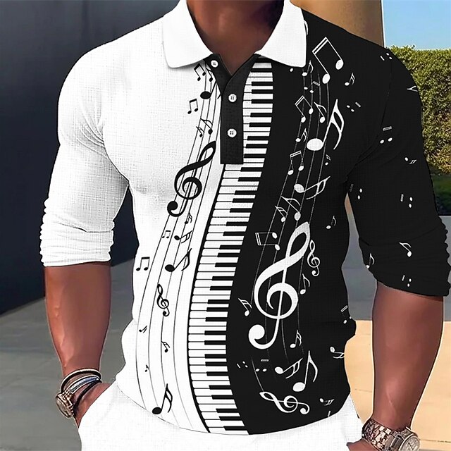 Music Festival Men's Music Hawaiian Polo Shirts Golf Shirt Long Sleeve Polo Shirts Collared Shirts Casual Beach Wear Vacation Wear Party Outfits 3D Print Buttons White Blue Green 6