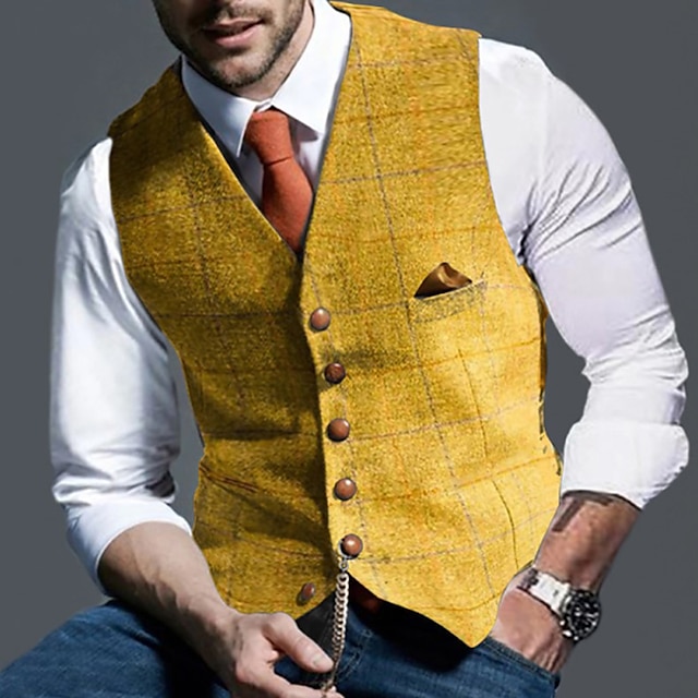  Voor heren Vest Alledaagse kleding Uitgaan Vintage Modieus Lente & Herfst nappi Polyester Comfortabel Effen Enkele rij knopen Zonder Kraag Normale pasvorm Polijsten Lichtgrijs Hesje