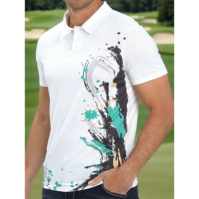 Men's Golf Polo Shirt White Yellow Green Short Sleeve Sun Protection