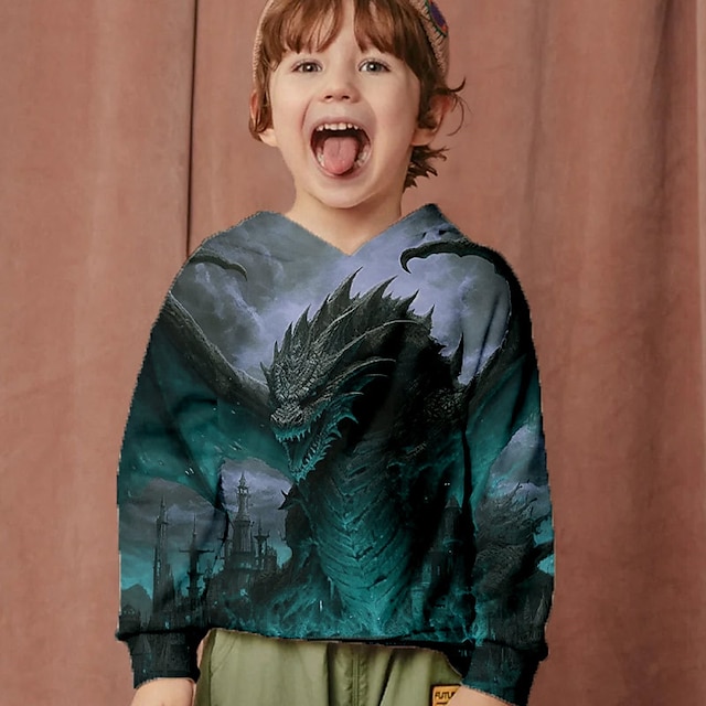  Pojkar 3D Grafisk Drake Huvtröja Långärmad 3D-tryck Sommar Vår Höst Mode Streetwear Häftig Polyester Barn 3-12 år Utomhus Ledigt Dagligen Normal