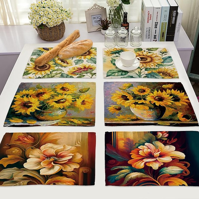  auringonkukat astiasto lämmönkestävä maalaistalo pöytä ruokapöytä matto tahraa hylkivä tabletti, matto hääkeittiö ruokapöydän koristelu sisälle ulkona