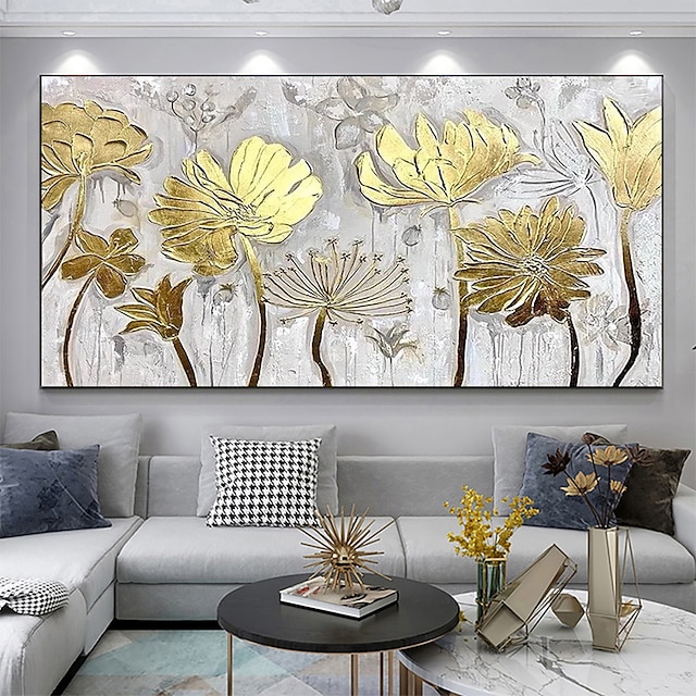  لوحة زيتية مصنوعة يدويًا من قماش الحائط لتزيين الحائط لوحة فنية أصلية من أوراق الذهب والزهور لديكور المنزل بإطار ممتد / بدون لوحة إطار داخلي