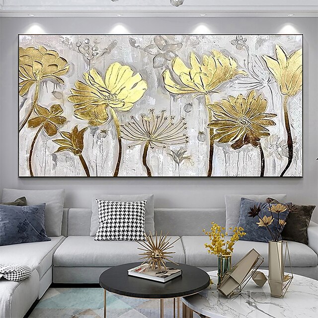 Handmade Oil Painting Canvas Wall Art Decor Original Gold Leaf Floral Art Painting for Home Decor With Stretched Frame/Without Inner Frame Painting 9