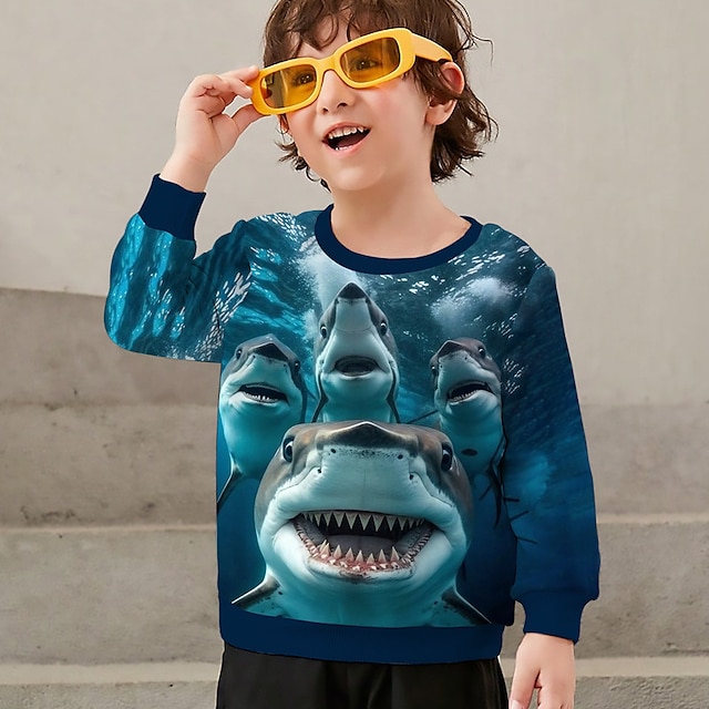  Drenge 3D Grafisk Dyr Haj Sweatshirt Langærmet 3D-udskrivning Sommer Efterår Mode Gade Sej Polyester Børn 3-12 år udendørs Afslappet Daglig Regulær