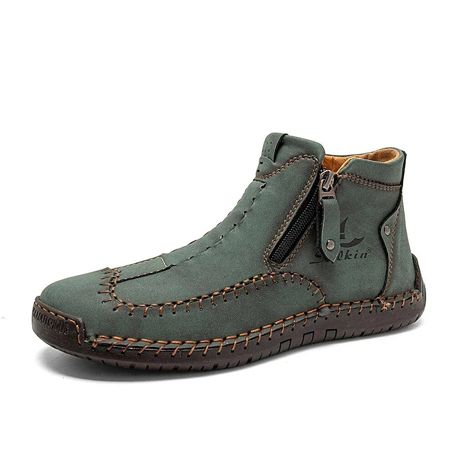 Men's Brown Leather Casual Ankle Boots with Zipper and Hand-Stitched Design - Comfortable and