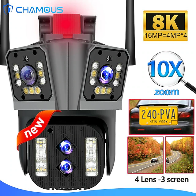 16MP 8K WiFi IP Camera 10X Zoom 4K Outdoor Security Camera Surveillance AI Track Four Lens Three Screen Mini Street Camera 360° 12