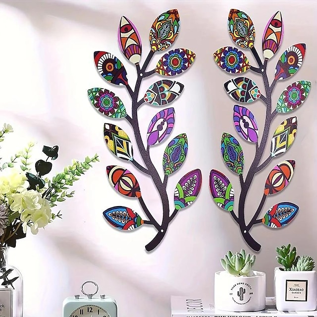  1pc Vintage Metal Wall Art Decor - Colorful Tree Branch Leaf Wall Sculpture - Perfect Housewarming Gift for Living Room, Bedroom, Kitchen, Office 16.5x32.5cm/6.5''x12.8''