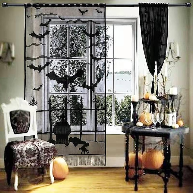 Halloween Decor Curtains for Door Window Kitchen with Spider Web Bats ...