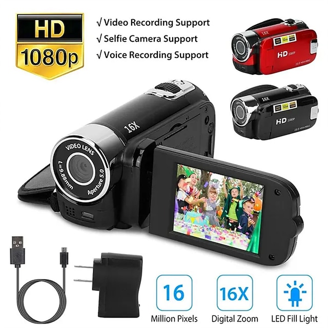  Portable Vlogging Camera Recorder Full HD 1080P 16MP 2.7 Inch 270 Degree Rotation LCD Screen 16X Digital Zoom Camcorder Support Selfie Continuous Shooting