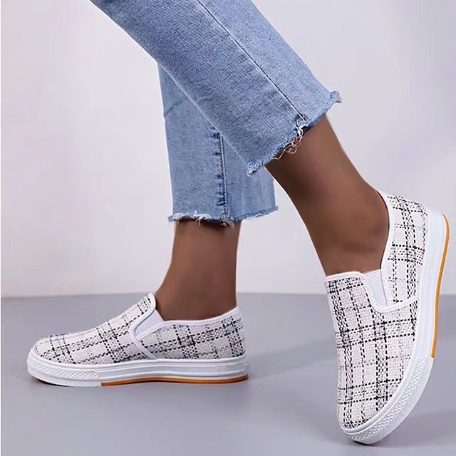 Women's Slip-Ons Canvas Shoes Comfort Shoes Outdoor Daily Plaid Summer Flat Heel Round Toe Elegant Casual Comfort Walking Canvas Loafer Black White
