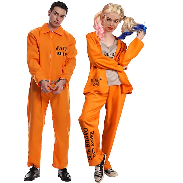  Więzień Harley Quinn Kostiumy dla par na Halloween Męskie Damskie Kostiumy z filmów Cosplay Kostiumy Pomarańczowy Top Spodnie Halloween Karnawał Bal maskowy Poliester