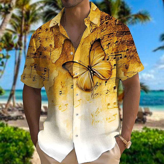 Men's Boardmasters Butterfly Music Shirt Summer Hawaiian Shirt Button Up Shirt Short Sleeves Fashion Designer Casual Outdoor Street Casual Summer Spring Turndown Print Yellow Blue3