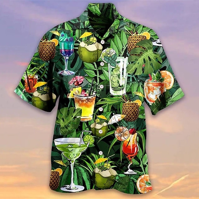  Herr Skjorta Hawaii skjorta Grafiska tryck Dryck Nedvikt Ljusgul Gul Ljusgrön Mörkgrön Purpur Ledigt Hawaiisk Kortärmad Mönster Button-Down Kläder Tropisk Mode Hawaiisk Mjukt