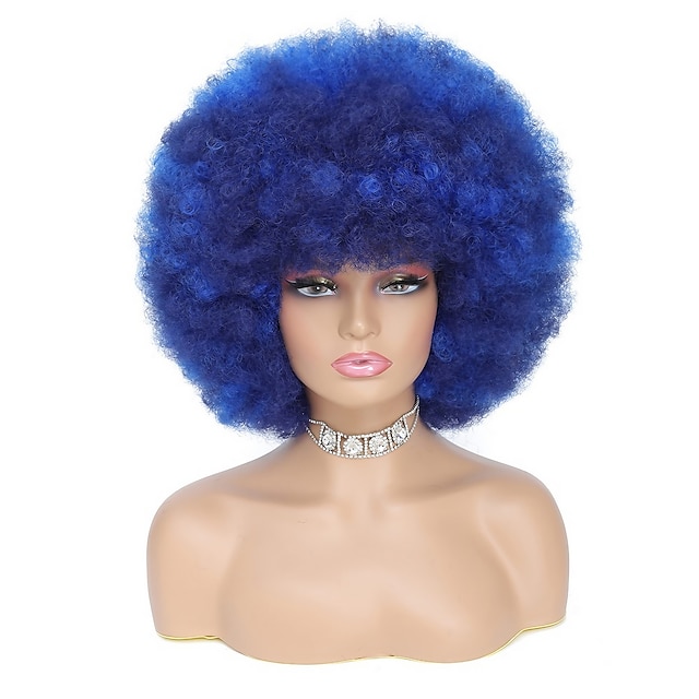 Afro Wig Soft 70s Afro Wig For Women Blue Afro Kinky Curly Hair Wigs With Bangs Natural 