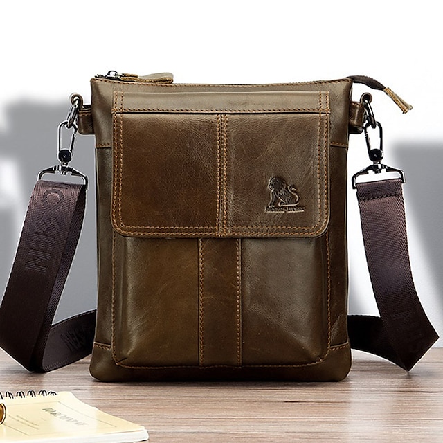 Brown Leather Crossbody Bag with Multiple Zippered Pockets for Men 2024 ...