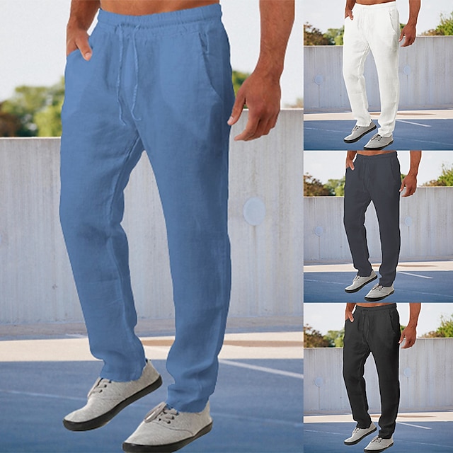 Men's Linen Pants Trousers Summer Pants Pocket Plain Comfort Breathable ...