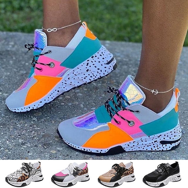  Women's Sneakers Plus Size Fantasy Shoes Wedge Sneakers Outdoor Daily Color Block Summer Wedge Heel Round Toe Fashion Sporty Casual Running Tennis Shoes Walking PU Leather Polyester Lace-up Leopard