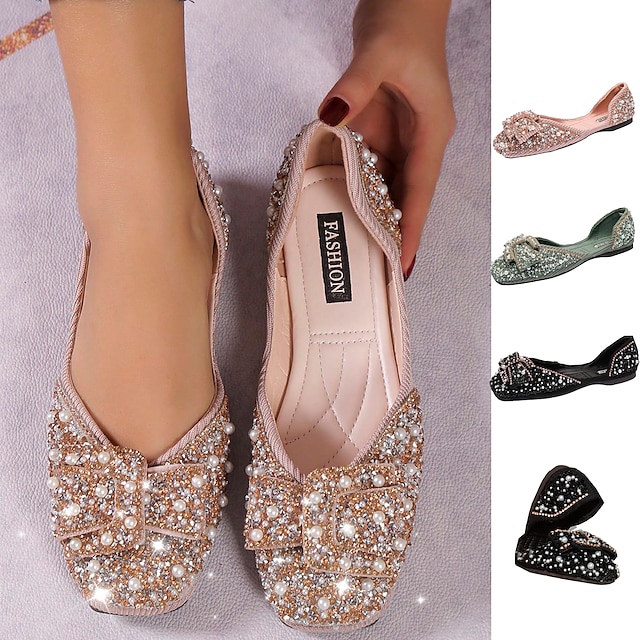  Women's Flats Bling Bling Shoes Pink Shoes Flat Sandals Wedding Party Glow in the Dark Bowknot Imitation Pearl Sparkling Glitter Low Heel Round Toe Elegant Fashion Comfort Walking Glitter Loafer
