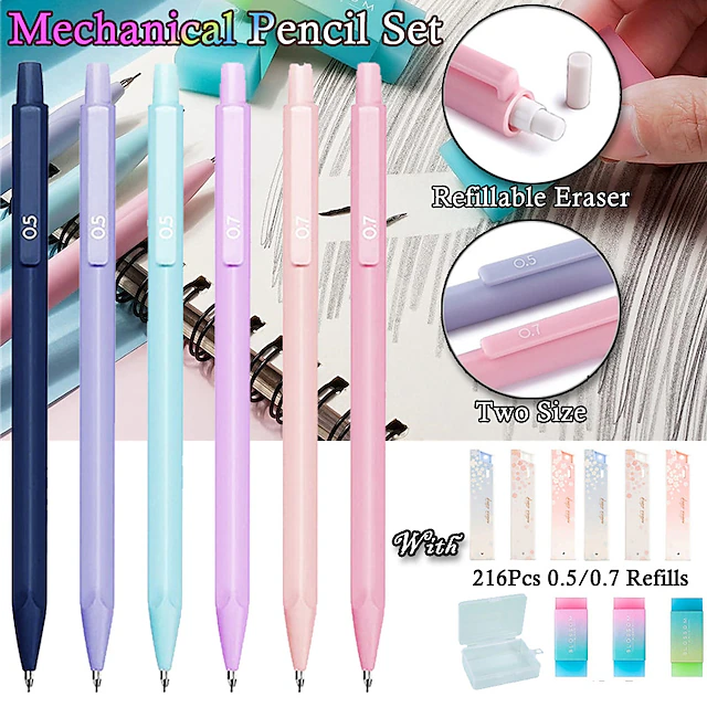 Mechanical Pencil Set, 6PCS Pastel Mechanical Pencils 0.5mm & 0.7mm with 216PCS HB Pencil Leads and 3PCS Erasers, Aesthetic Mechanical Pencils for Girls Writing 12