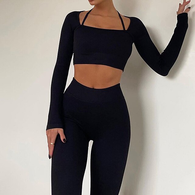 Women's Workout Sets 2 Piece Cropped Solid Color Clothing Suit Black