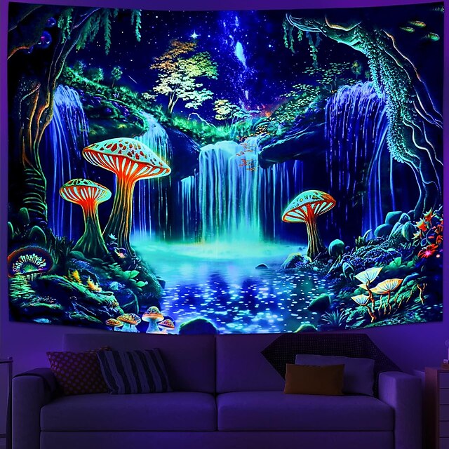 Fantasy Forest Blacklight Tapestry UV Reactive Misty Mushroom Nature ...