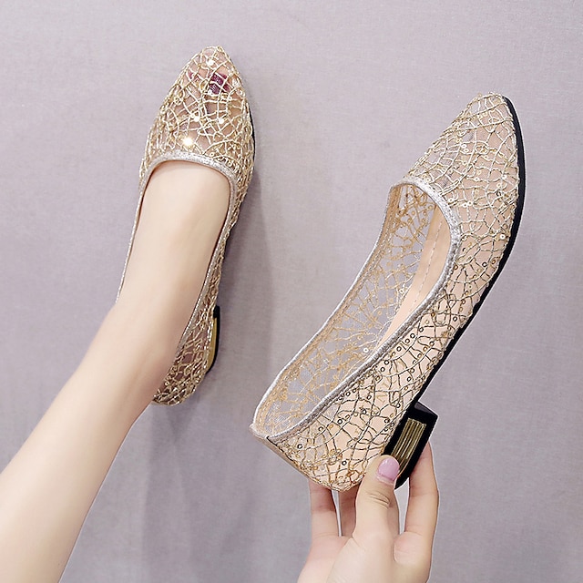  Women's Sandals Flats Glitter Crystal Sequined Jeweled Daily Summer Sequin Block Heel Low Heel Pointed Toe Elegant British Mesh Loafer Silver Gold