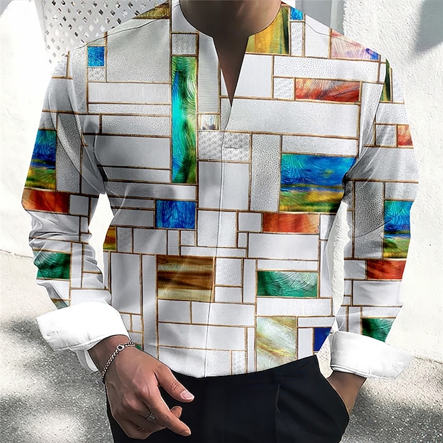 Men's Shirt Color Block Graphic Prints Geometry V Neck Blue-Green Red Blue Green Gray Outdoor Street Long Sleeve Print Clothing Apparel Fashion Streetwear Designer Casual