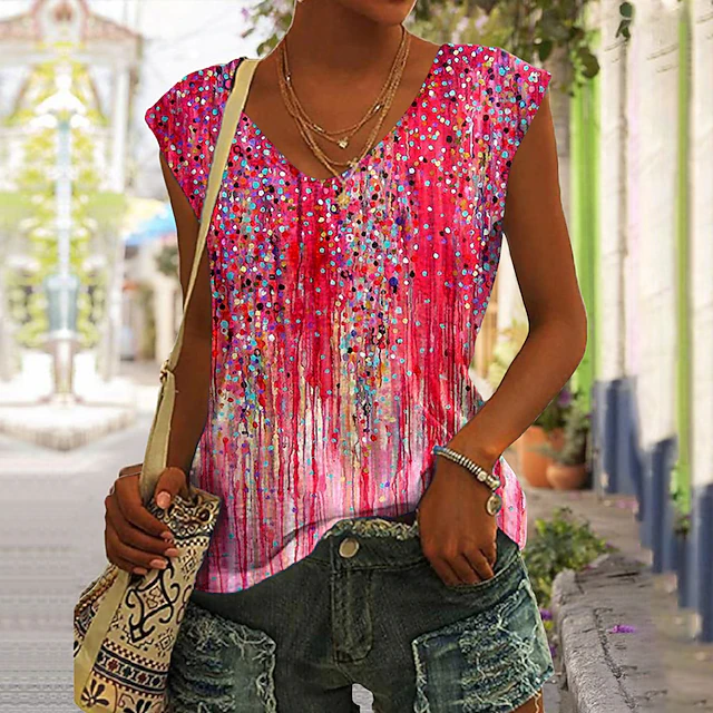 Women's Camisole Tank Top Basic Print Sleeveless Regular Tops V Neck Casual Pink Blue Purple Orange Green 8