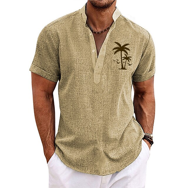 Men's Shirt Linen Shirt Beach Shirt Summer Hawaiian Shirt Coconut Tree Outdoor Vacation Royal Blue Blue Green Khaki Short Sleeve Stand Collar Summer Spring Clothing Apparel Print3