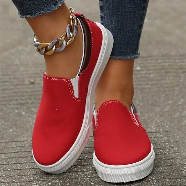  Women's Sneakers Slip-Ons Valentines Gifts Plus Size Comfort Shoes Outdoor Daily Solid Color Summer Flat Heel Round Toe Casual Comfort Minimalism Walking PU Loafer Black White Red