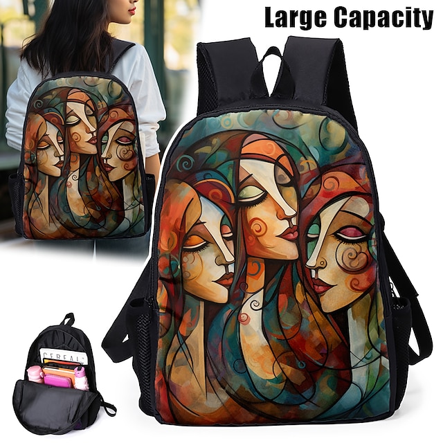  Sac à dos abstrait avec portrait féminin pour adolescentes – Sac d'école coloré avec imprimé artistique et grande capacité pour les filles élégantes