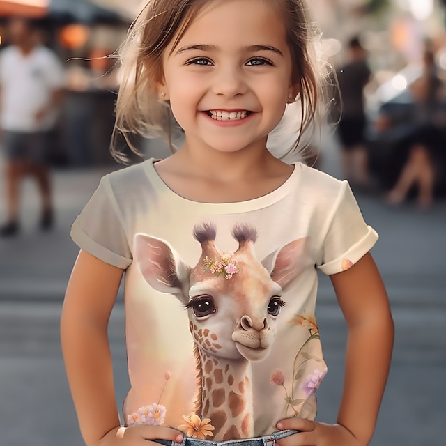  Девочки 3D Графика Мультипликация Жираф Футболка С короткими рукавами 3D печать Лето Весна Активный Мода Симпатичные Стиль Полиэстер Дети 3-12 лет на открытом воздухе Повседневные Стандартный
