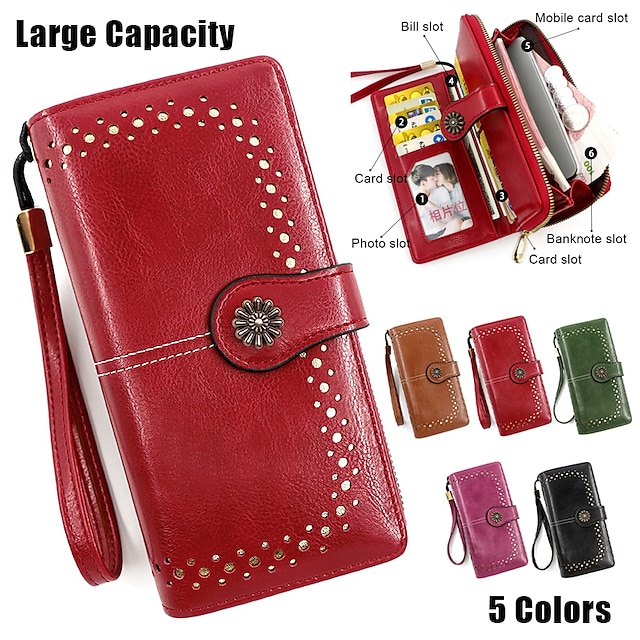  Women's Wallet Wristlet Credit Card Holder Wallet PU Leather Valentine's Day Shopping Daily Buttons Zipper Large Capacity Waterproof Lightweight Solid Color R863 green R863 black R863 wine red