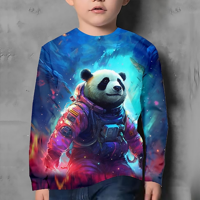  Pojkar 3D Djur Galax Panda T-shirt Långärmad 3D-tryck Sommar Vår Höst Sport Mode Streetwear Polyester Barn 3-12 år Utomhus Ledigt Dagligen Normal