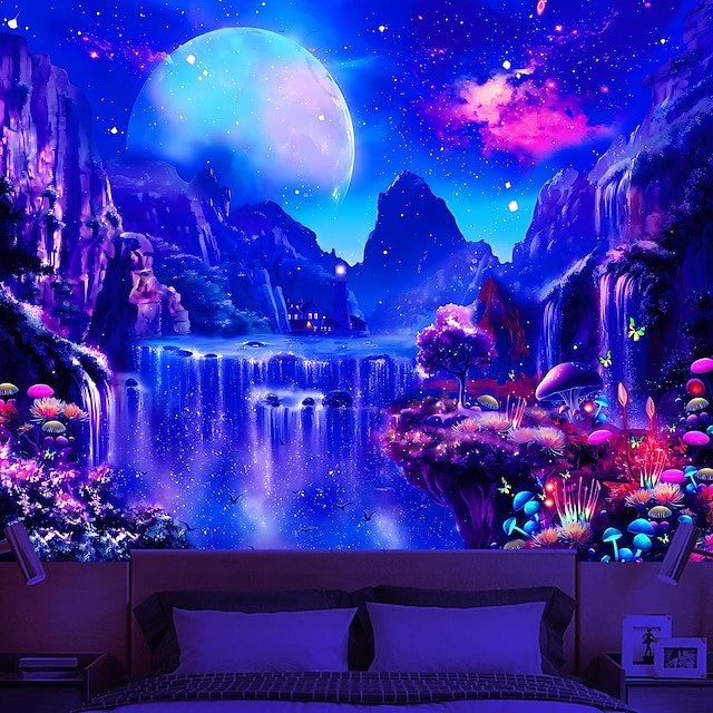  waterval landschap blacklight wandtapijt uv reactieve ruimte esthetisch trippy mistig natuur landschap opknoping wandtapijten muurschildering voor woonkamer slaapkamer