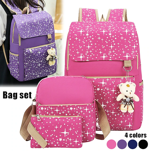 4-Piece Starry Backpack Set for Girls - Includes Backpack, Shoulder Bag, Purse, and Pencil Case - Available in Pink, Purple, Blue, and Black 10