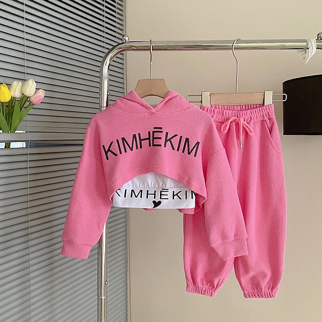  3 τεμάχια ροζ σετ παιδικά κοριτσίστικα γράμματα με κεντητό κουκούλα & παντελόνι σετ μακρυμάνικο μόδας εξωτερικού χώρου 3-7 ετών ανοιξιάτικο ροζ γκρι