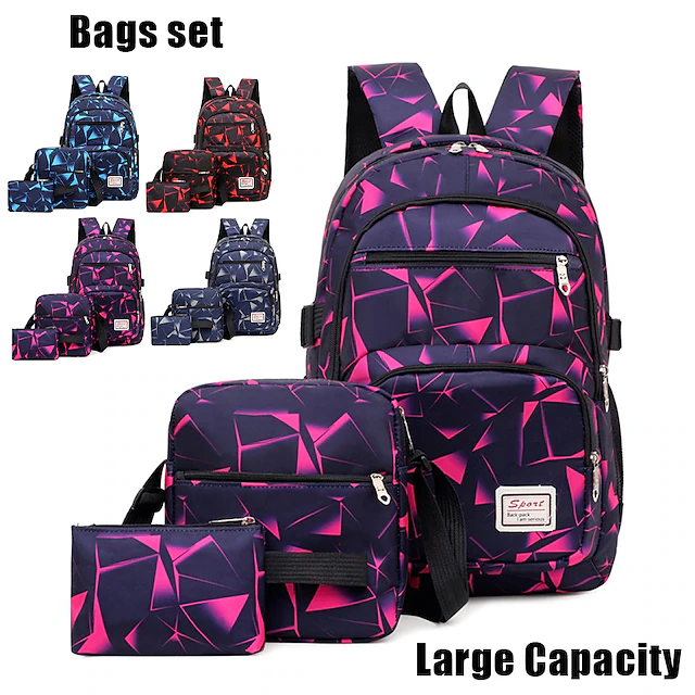 3-Piece Geometric Print School Backpack Set – Large Capacity Bookbag with Crossbody Bag and Pencil Case for Boys and Girls, Durable and Water-Resistant for Middle & High School 11