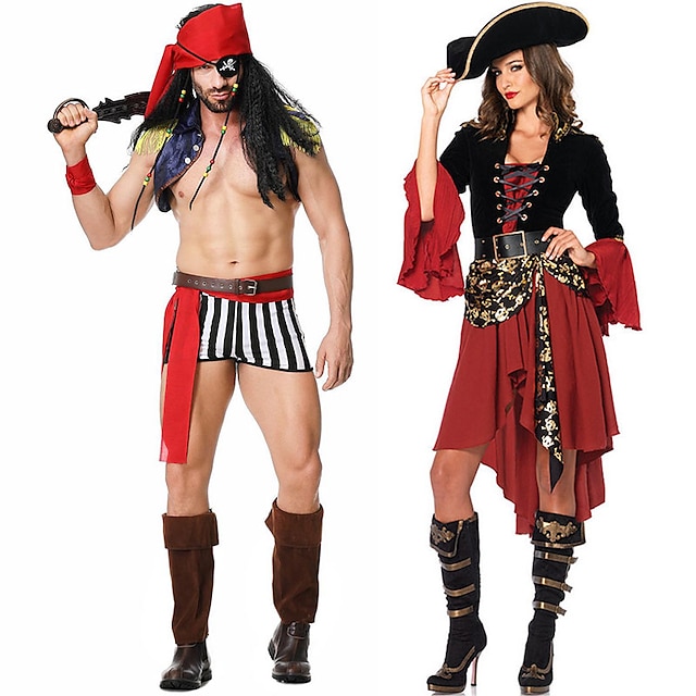  Pirates of the Caribbean Halloween Group Couples Costumes Men's Women's Movie Cosplay Cosplay Costume Party Red Costume Halloween Carnival Masquerade Polyester