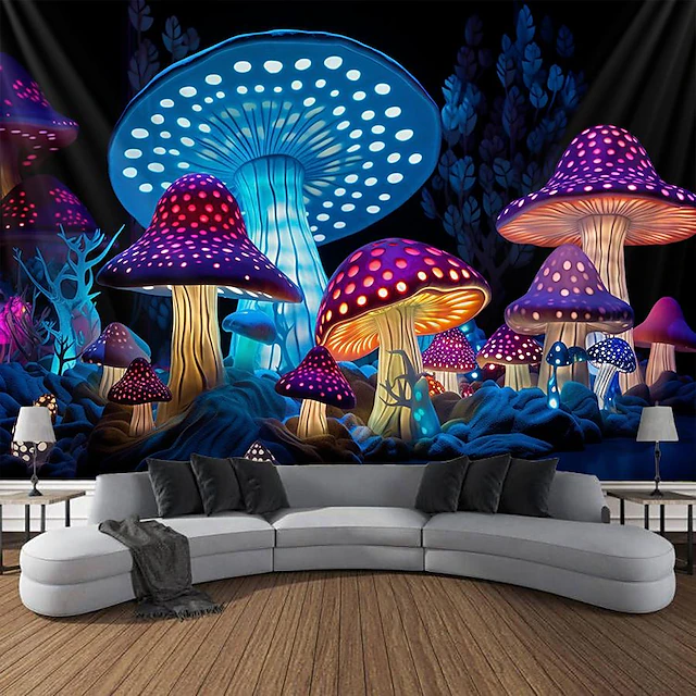 Mushroom Fantasy Blacklight Tapestry Glow in the Dark Glow Party UV Reactive Trippy Misty Nature Landscape Hanging Tapestry Wall Art Mural for Living Room Bedroom 31
