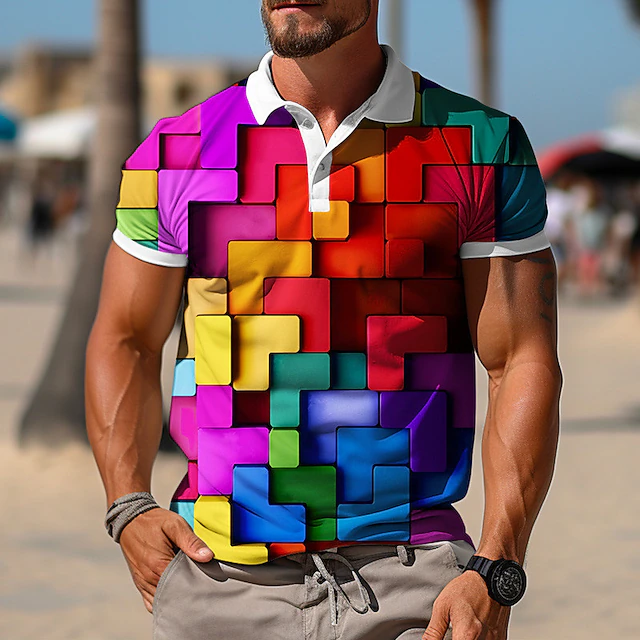 Men's Graphic Polo Shirts Golf Shirt Short Sleeve Polo Shirts Collared Shirts Casual Vacation Wear Rave Wear Party Outfits Buttons 3D Print Red Blue3