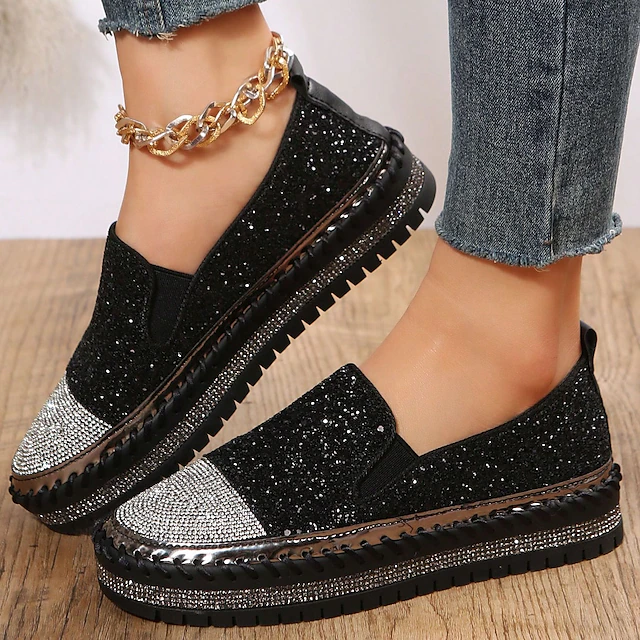 Women's Glitter Slip-On Loafers – Sparkly Rhinestone Embellished ...