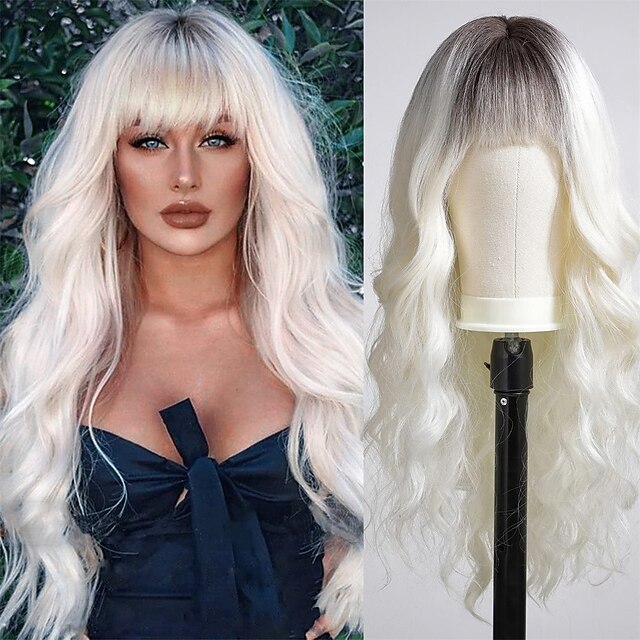 Ombre Dirty Blonde Wigs with BangsAsh Blonde Long Wavy Wig for
