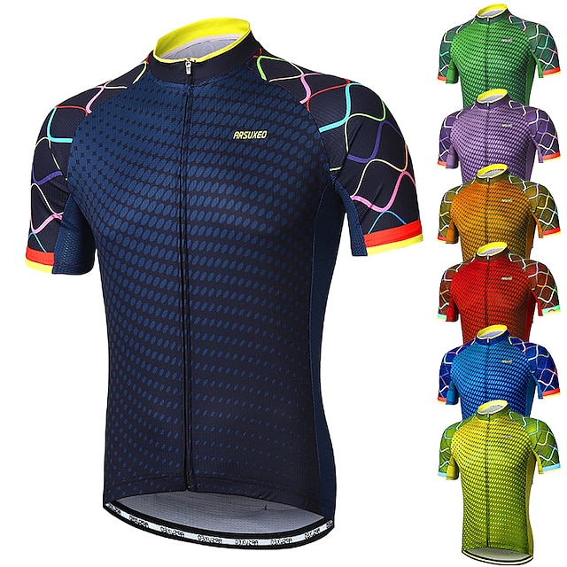  Arsuxeo Men's Cycling Jersey Short Sleeve Bike Jersey with 3 Rear Pockets Mountain Bike MTB Road Bike Cycling Sunscreen Breathability Reflective Strips Back Pocket Navy Yellow Red Gradient Polyester